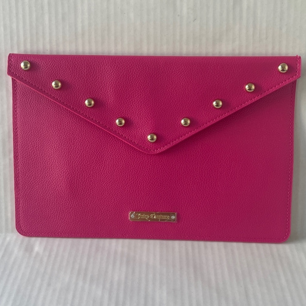 Juicy Couture Envelope Clutch Bag Bright Barbie Pink Gold Studs NWOT